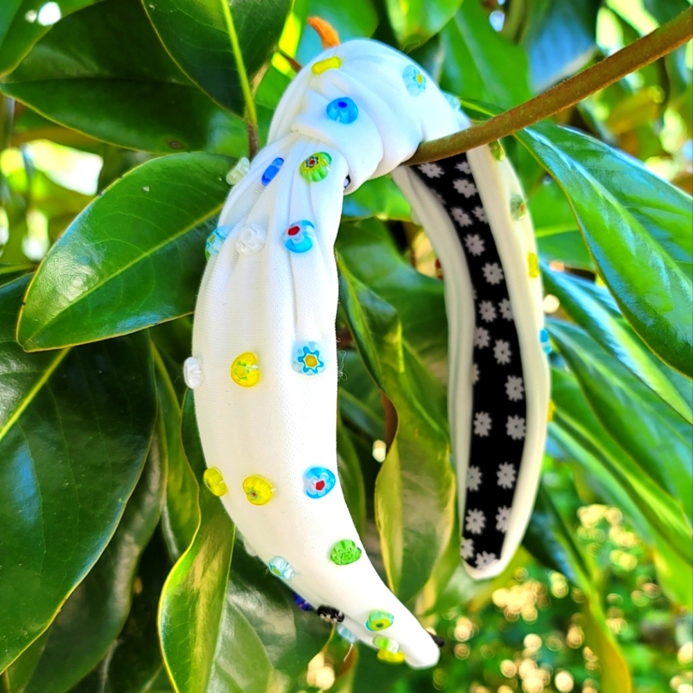 White Beaded Knot Headband - Brand